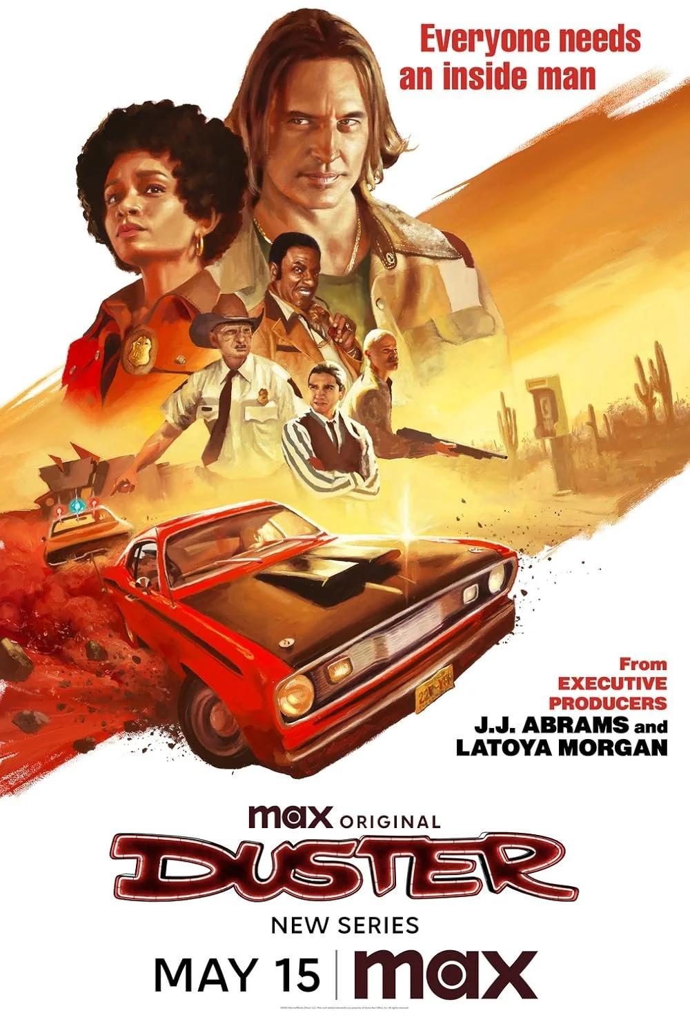A promotional poster for the series 'Duster' featuring characters in a desert scene with a red muscle car, police cars, and various characters in police and civilian attire. The text includes the tagline 'Everyone needs an inside man' and release inf