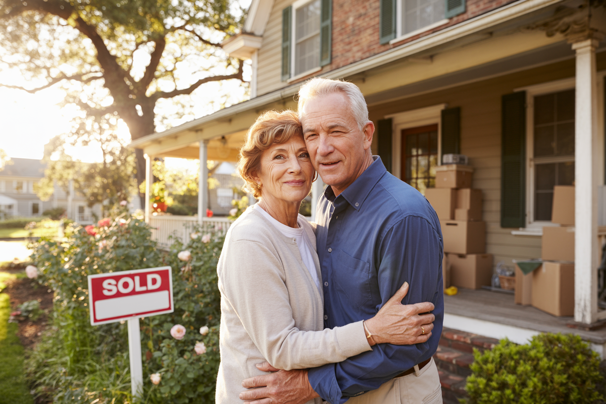 An elderly couple hugging in front of a house with a "Sold" sign in the yard, sunlight filtering through trees.