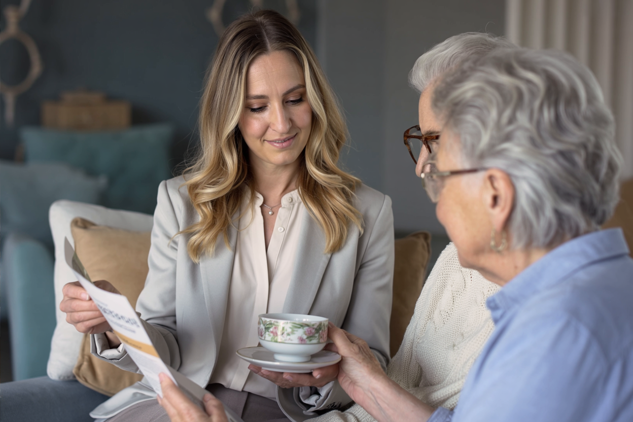 A young woman is sitting on a sofa with an elderly woman, offering her a cup and saucer while looking at a newspaper. The setting suggests a cozy, well-decorated living room.