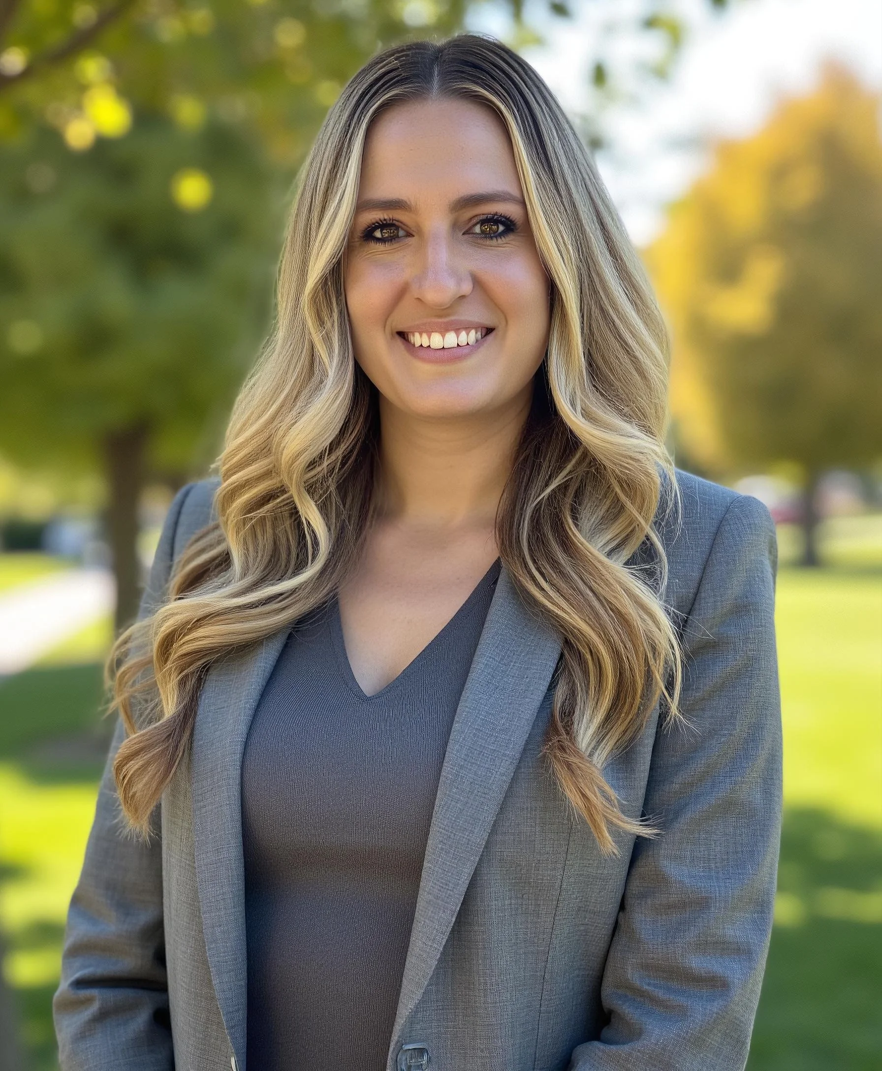 A smiling woman with long, wavy blonde hair, wearing a gray blazer and matching top, standing outdoors with trees and a park background.