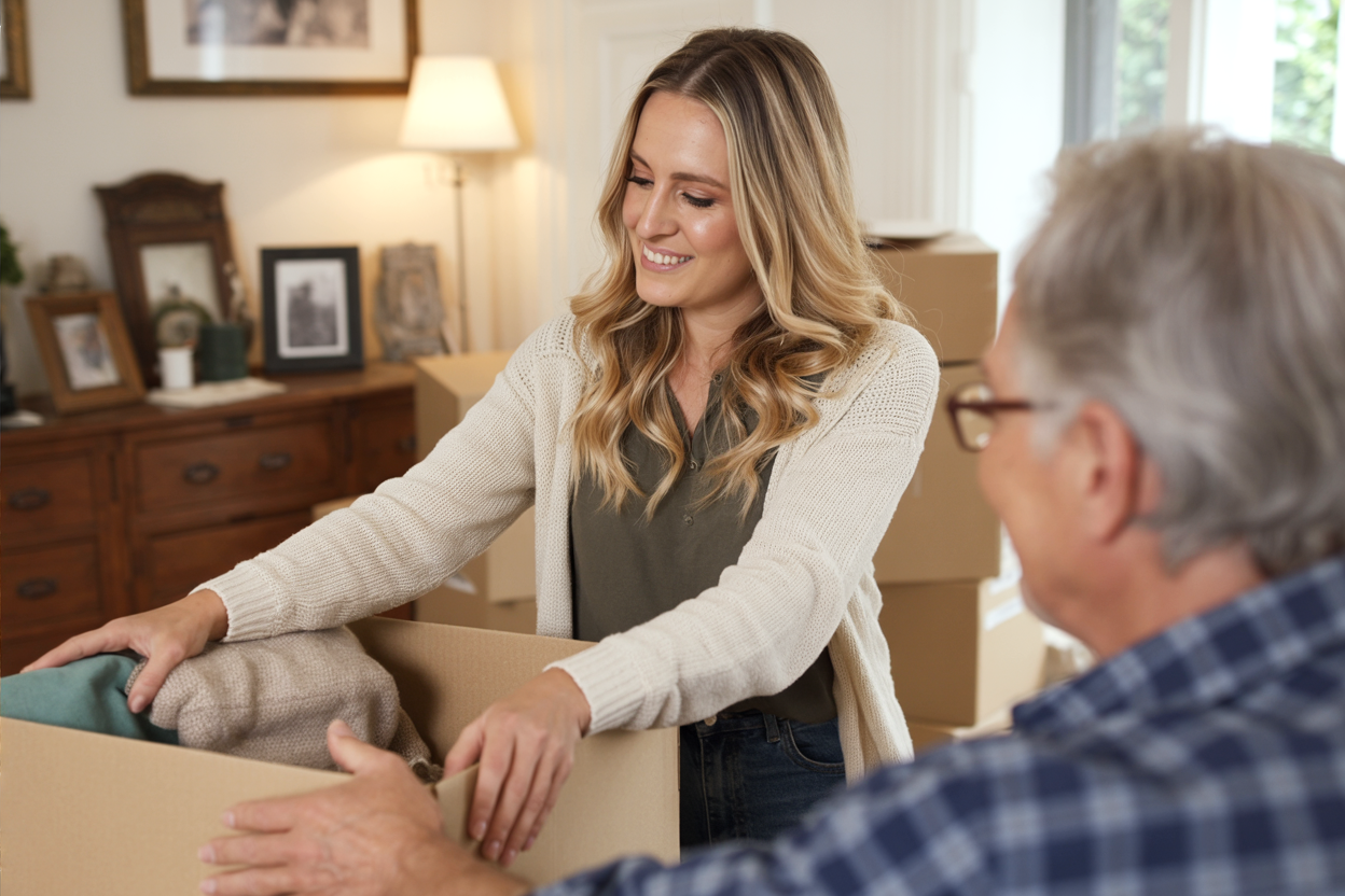 A young woman is packing clothes into a moving box, smiling while an older man, possibly her father, assists. They are in a well-lit room with framed photos and a lamp on a wooden sideboard in the background.