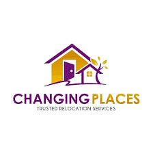 Logo for Changing Places Trusted Relocation Services, featuring a house with a purple door, a smaller house, a tree, and the company name in purple, yellow, and orange text.