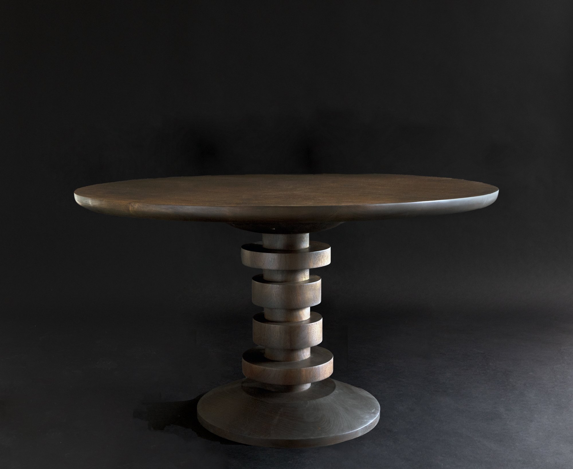Round Wood Monument Dining Table Sculptural Pedestal Base