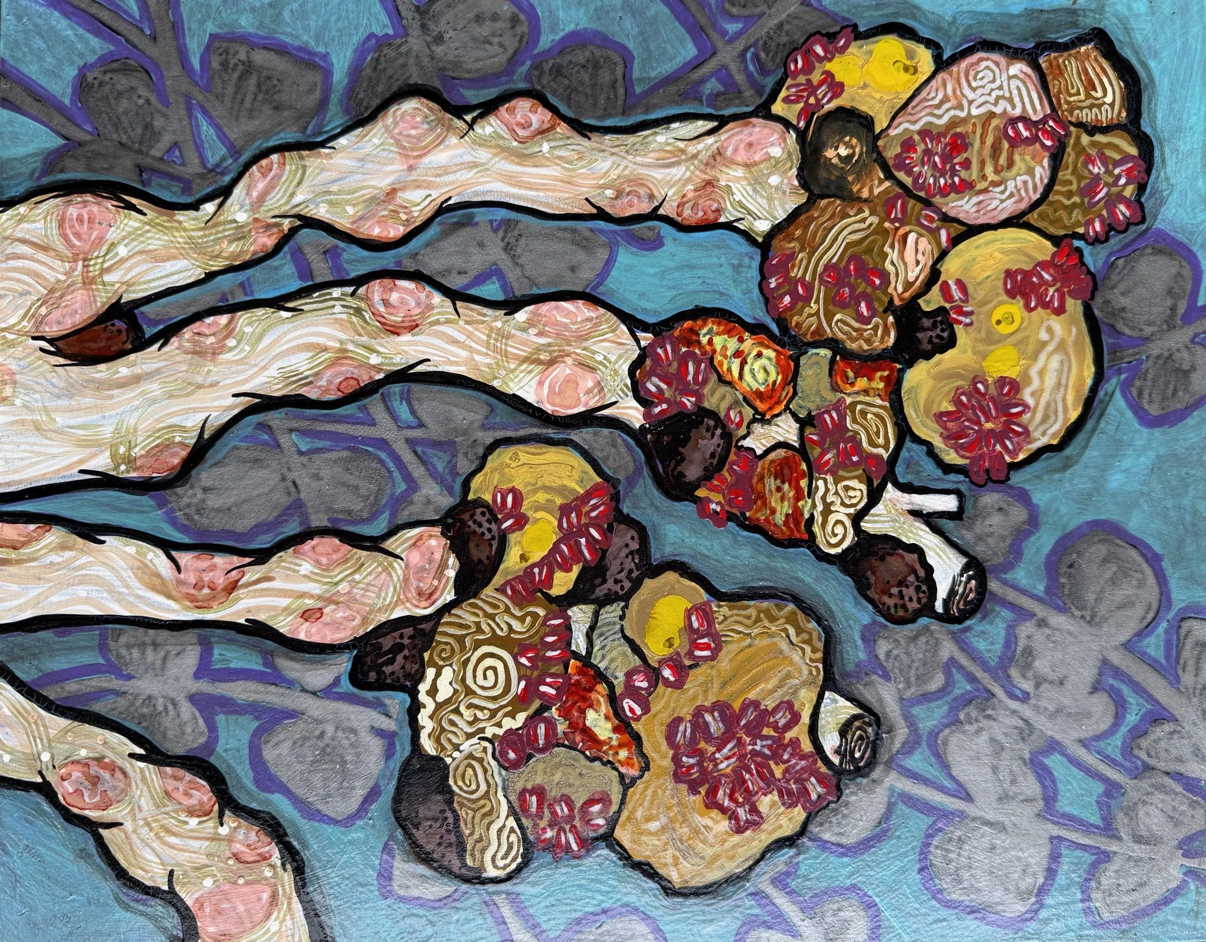  Jonas Thaler  
  Ash Flower Gall   
2022 
acrylic paint, tattoo, airbrush and calligraphy inks on plywood 
11 x 14 in.