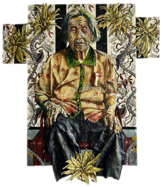  Heidi Brueckner 
 Dracena   
oil, fabric, paper, and buttons on recycled bubble mailers 
59 x 52 in.