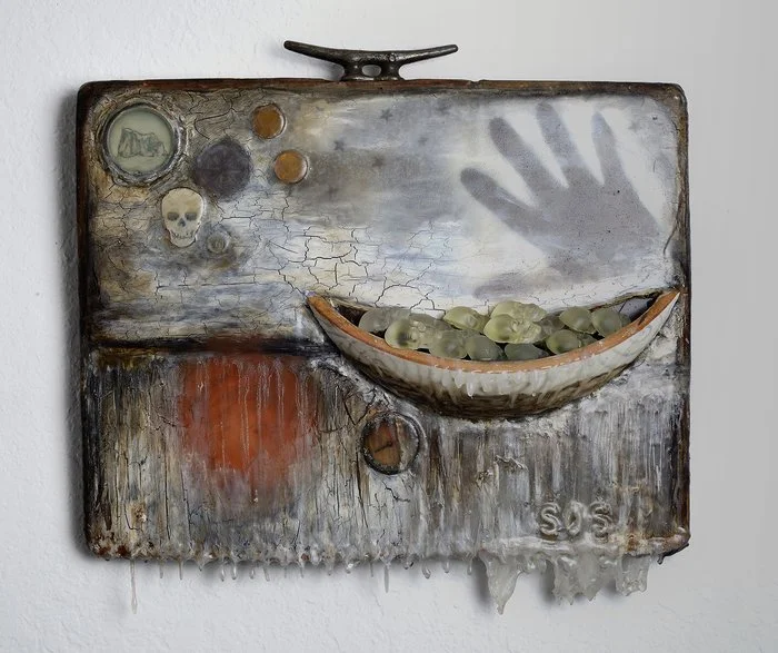  Steve Jensen 
 S.O.S.   
oil and mixed media on wood 
18 x 20 in.