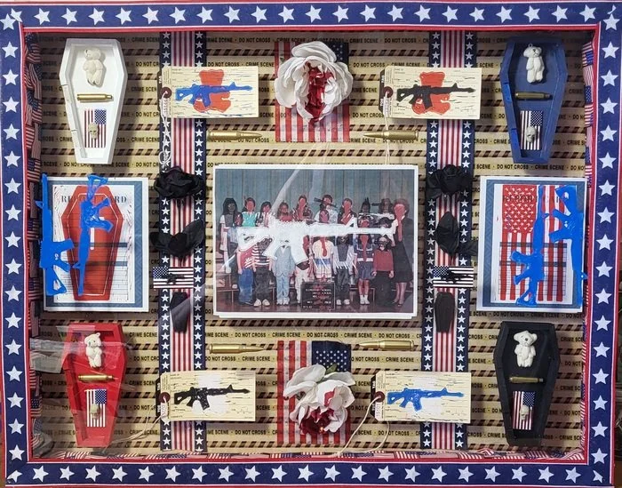  Michael Farmer 
 Report Cards to Toe Tags   
mixed media 
28 x 30 in. 
$1,500