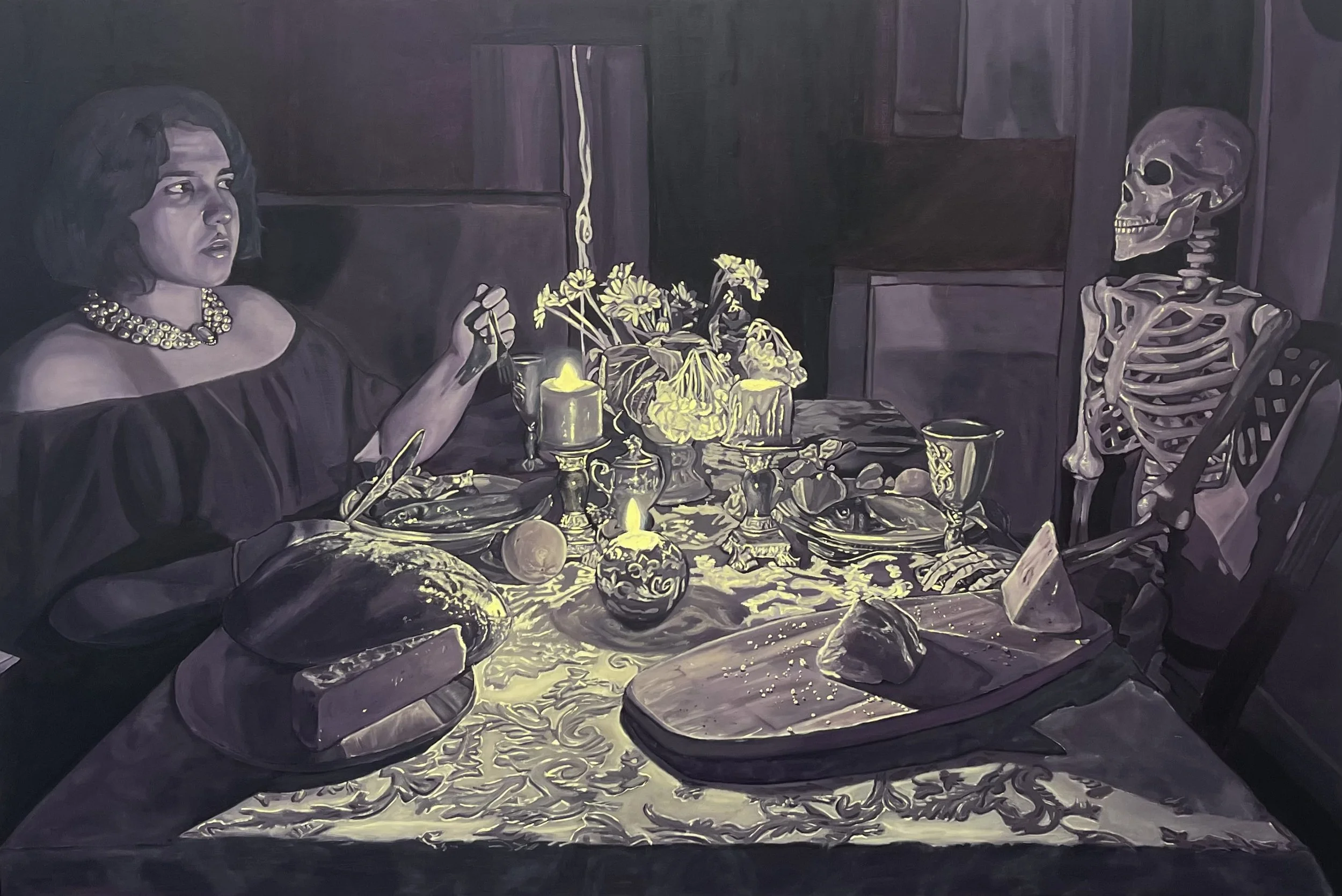   Dinner with Death   Oil on Panel 48”h x 72”w 2025