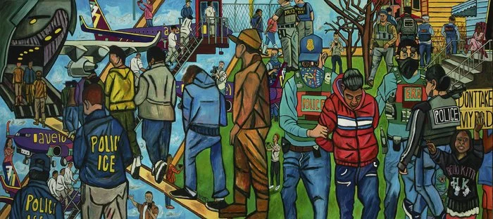  Myra Eastman 
 Don't Take My Dad   
acrylic on canvas 
48 x 108 in.