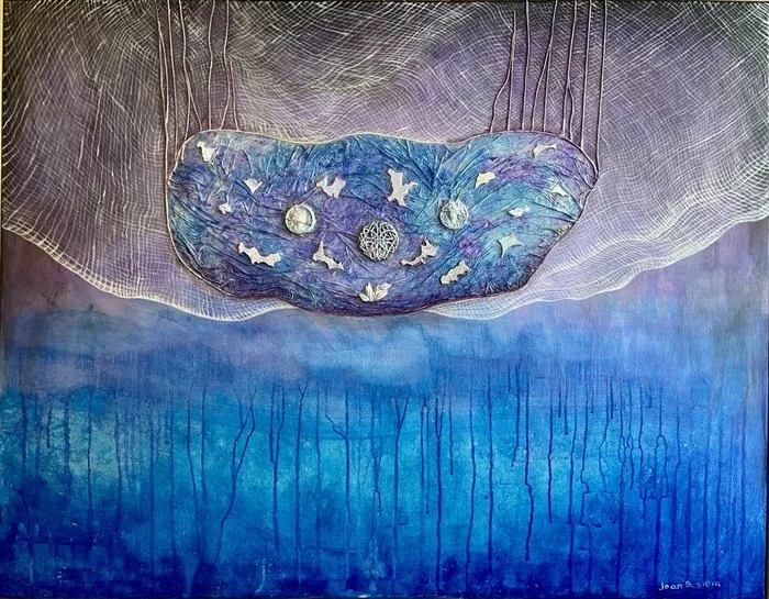 Joan Siem 
 Hanging from a Thread   
acrylic on canvas, mixed media 
30 x 40 in.