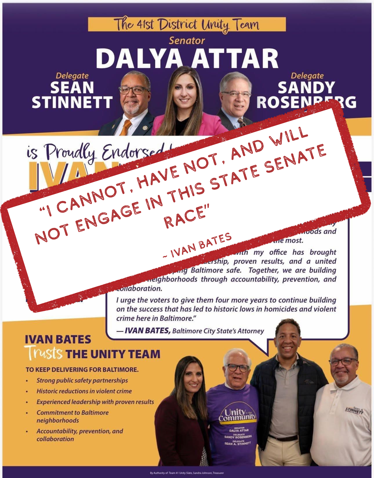 The 41st District Unity Team flyer claiming the slate is 'proudly endorsed by Ivan Bates'