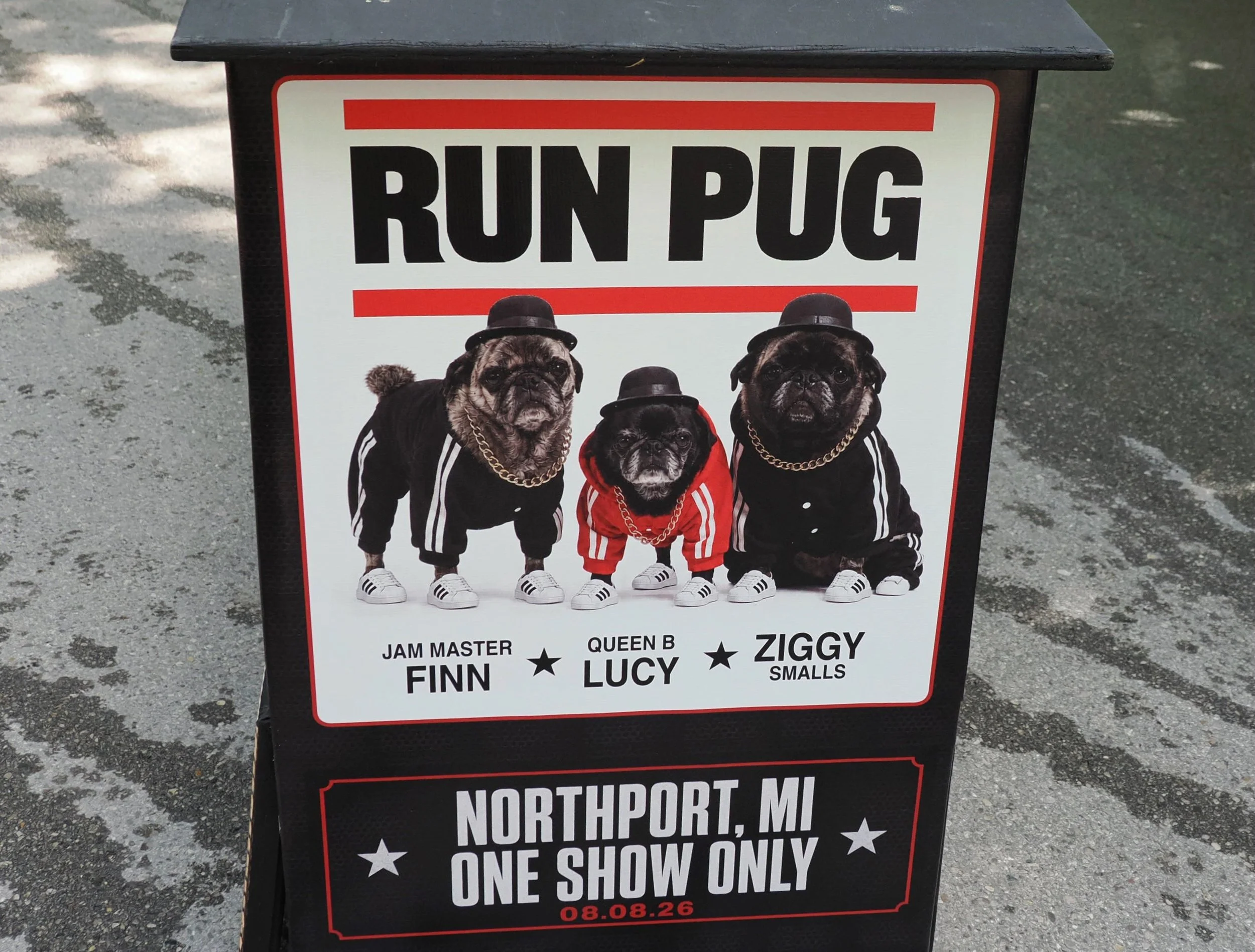 A poster featuring four French Bulldogs dressed in sporty outfits and hats, with the text 'RUN PUG' at the top. The poster lists names: Jam Master Finn, Queen B Lucy, and Ziggy Smalls. It indicates an event in Northport, MI, with the date 08.08.26, a