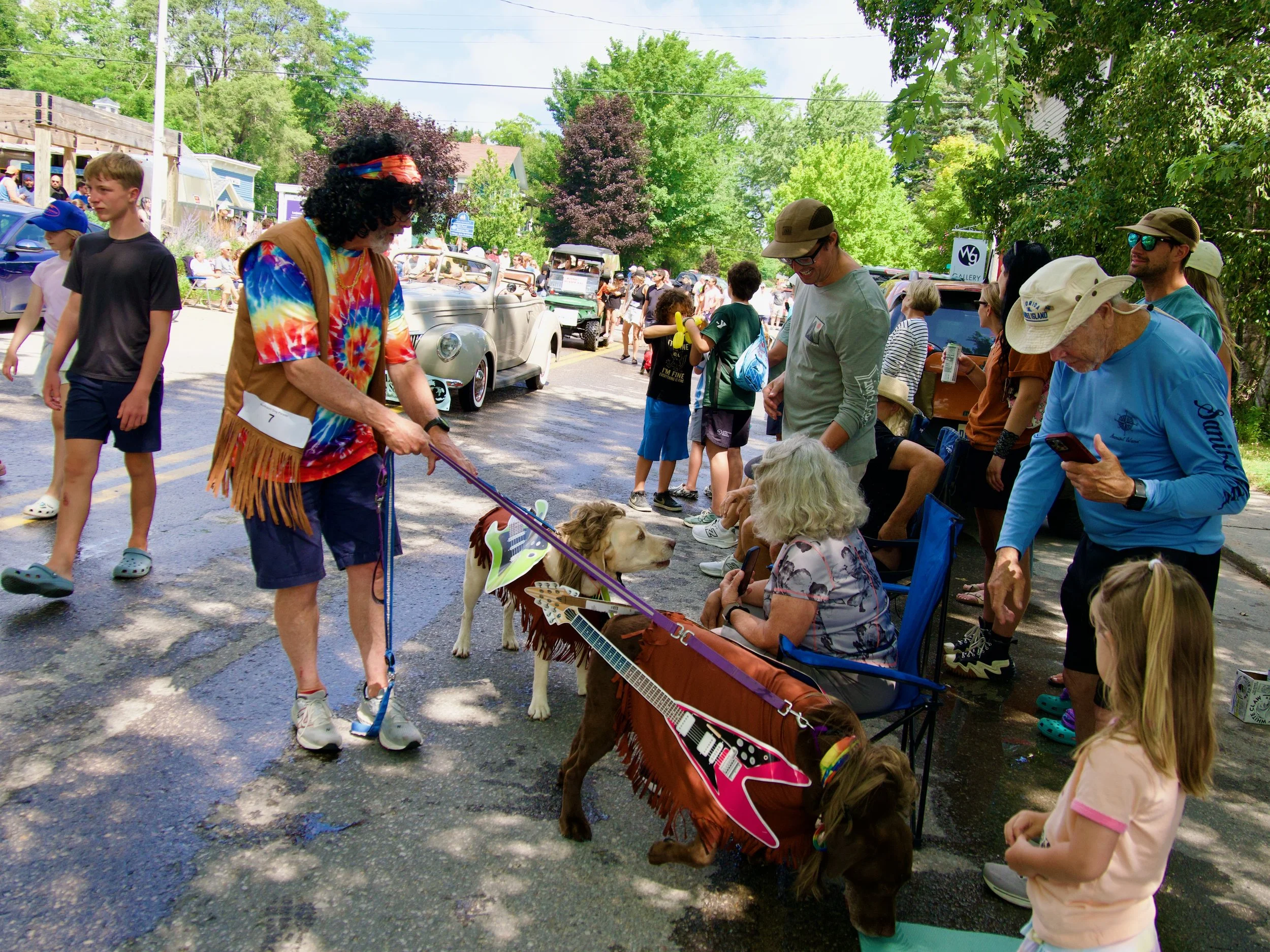 Crowd of people gathered outdoors on a sunny day, some sitting and some standing, with vintage cars parked along the street and trees providing shade.