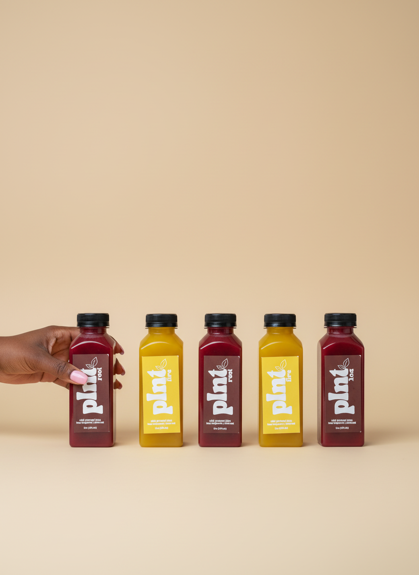 Five bottles of juice, alternating in color between red and yellow, with a person's hand about to pick up the first red bottle, all placed on a beige surface against a beige background.