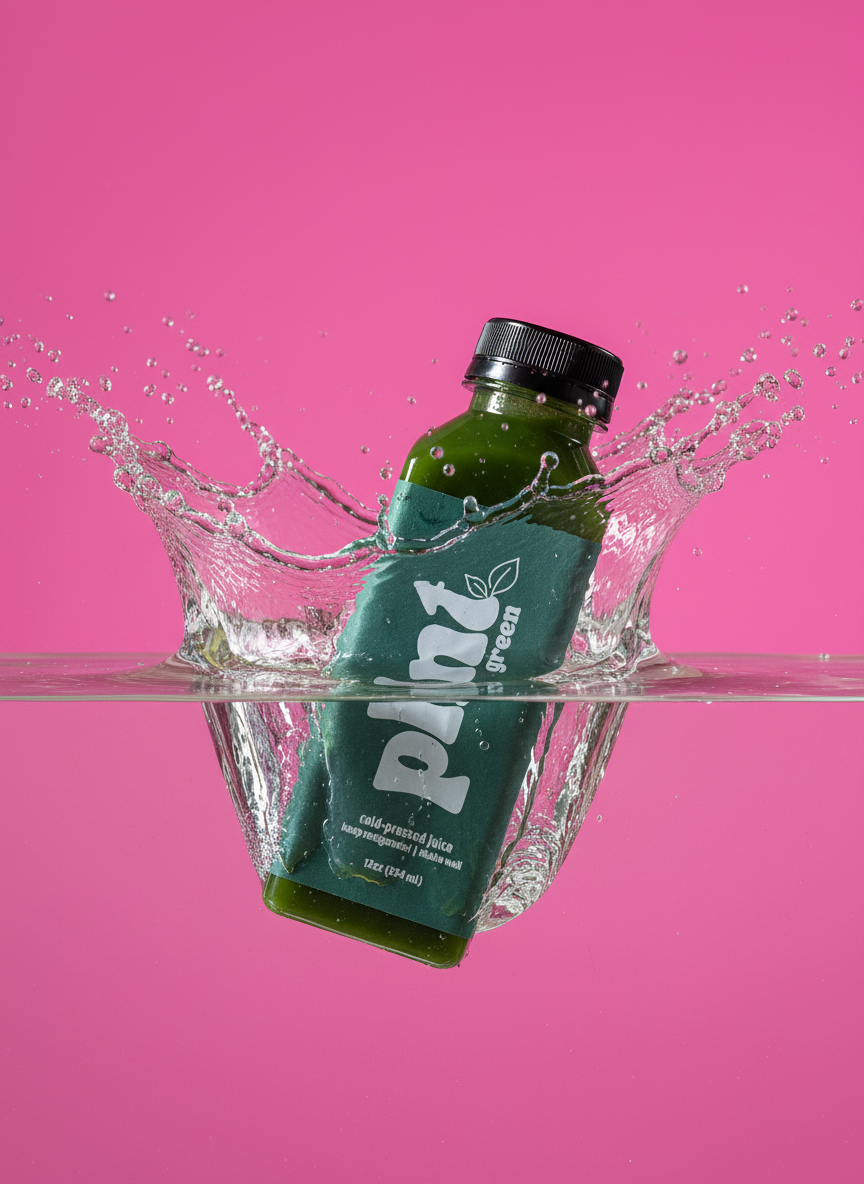 A green bottle with a black cap sinking into water, creating a splash, against a pink background.