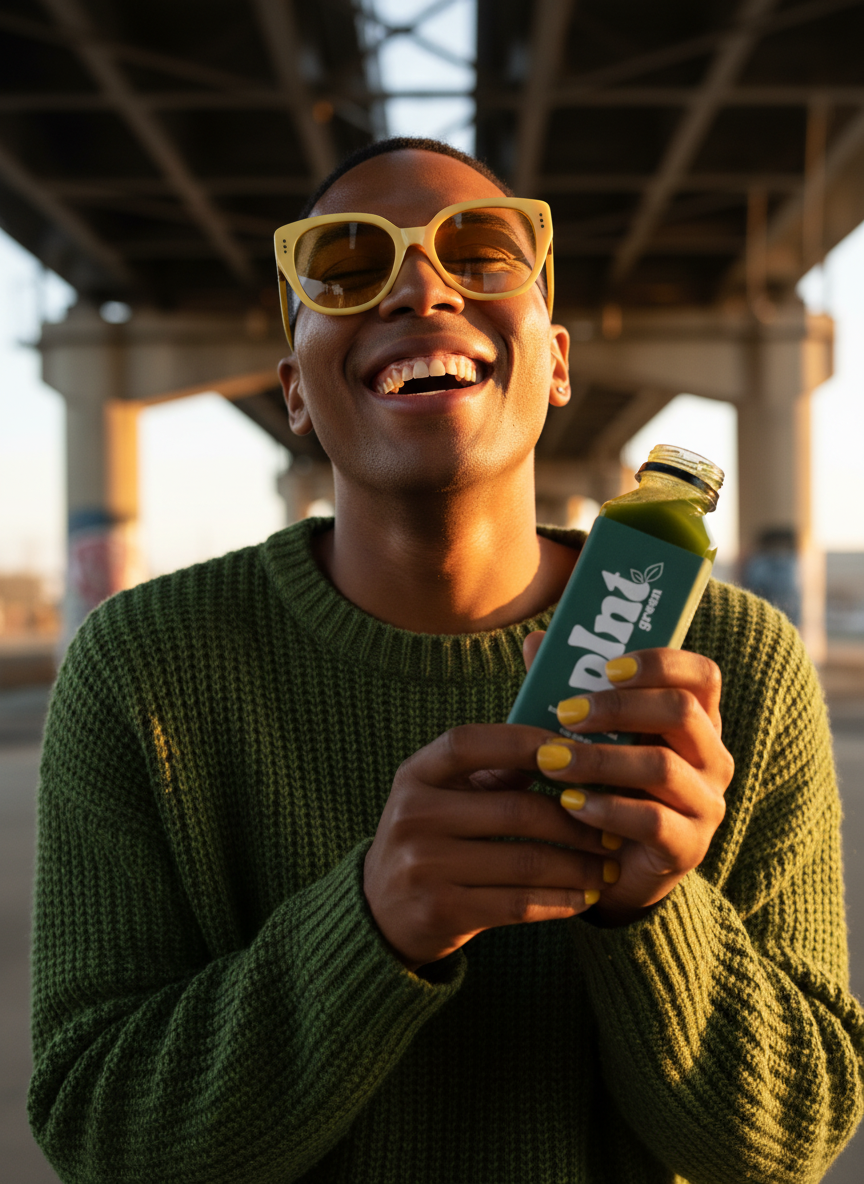 A person smiling happily while holding a green smoothie in a bottle with a green label, wearing yellow sunglasses and a green sweater outside under a bridge.