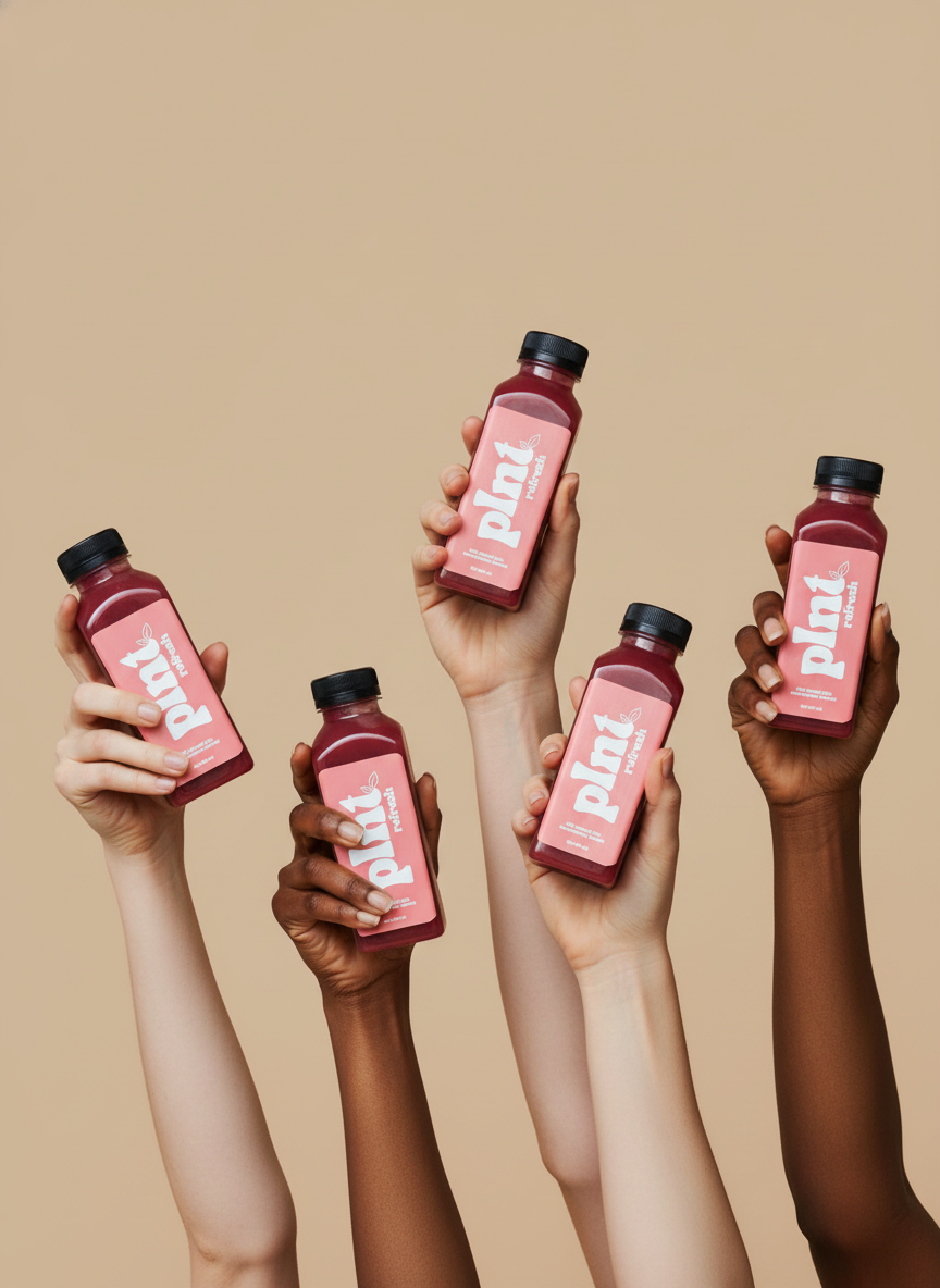 Multiple hands holding bottles of pink drink labeled 'Play' against a beige background.