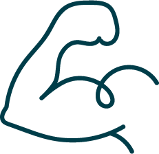 Outline of a flexed bicep muscle with a small circle representing a finger pointing towards it.