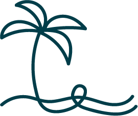 Simple line drawing of a palm tree on an island with a small wave.