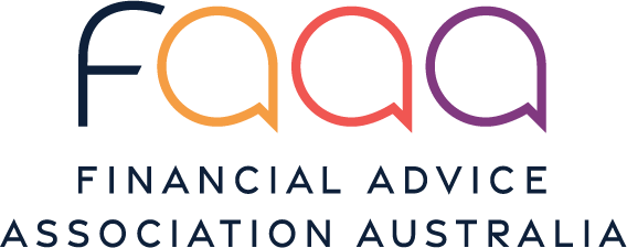 Logo of the Financial Advice Association Australia, featuring stylised text with the acronym 'faaa' in colourful speech bubbles above the organisation's name.