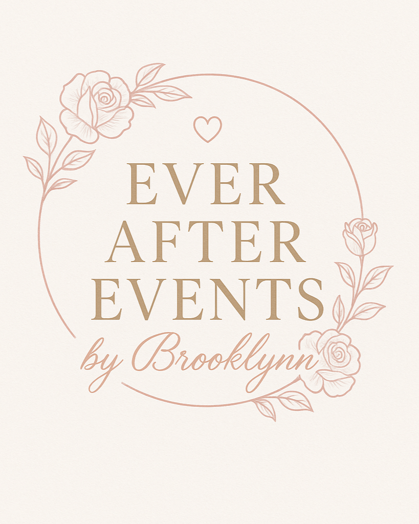 A decorative sign with a floral border and the text 'Ever After Events by Brooklyn' in elegant script.