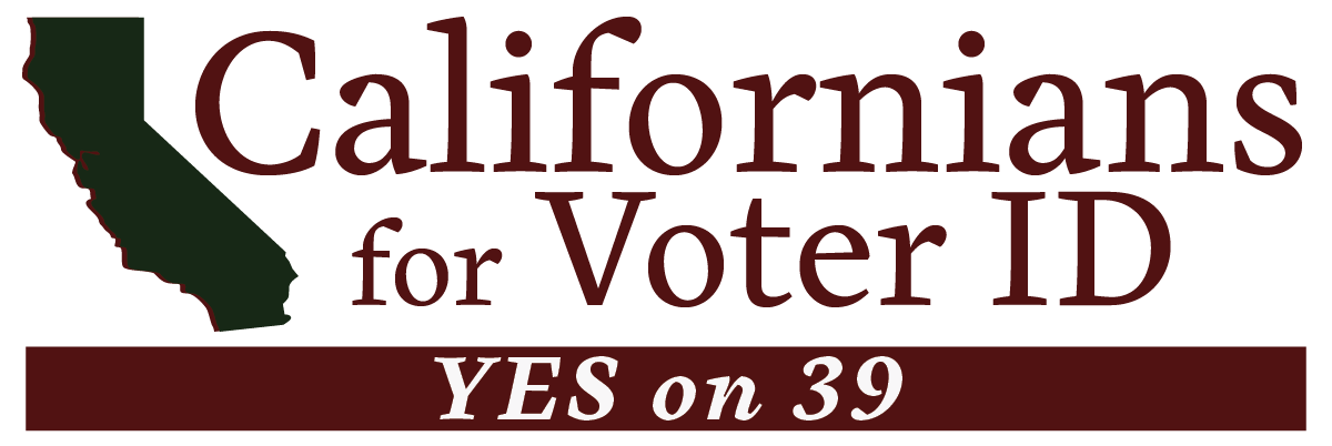 A political campaign logo for Californians for Voter ID, featuring a silhouette of California in green and text that reads 'YES on 39' in white on a maroon background.