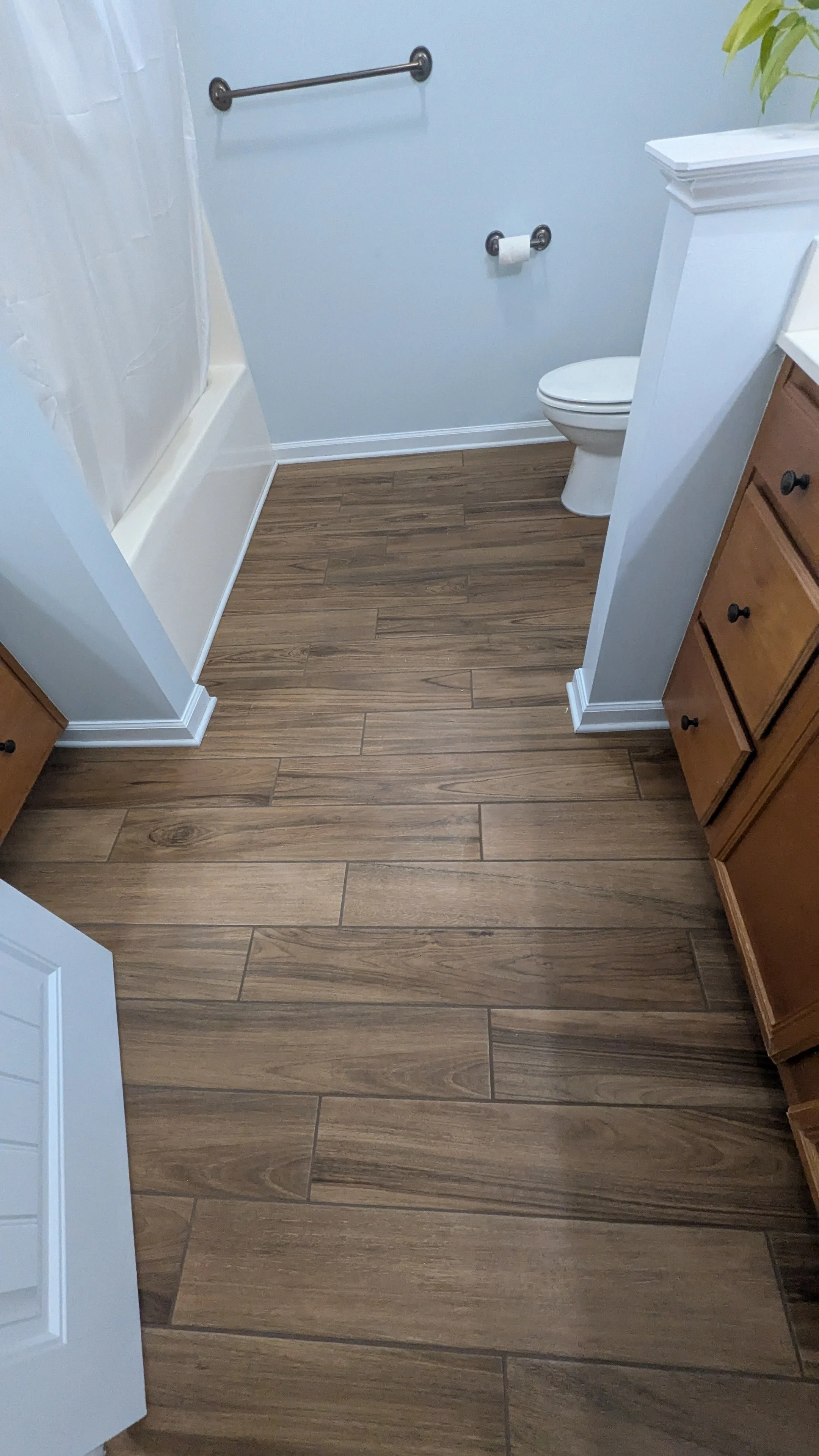 View of a bathroom with wood-look tile flooring, a toilet, a shower with white curtain, a silver towel bar, and a small potted plant on top of a bathroom cabinet.