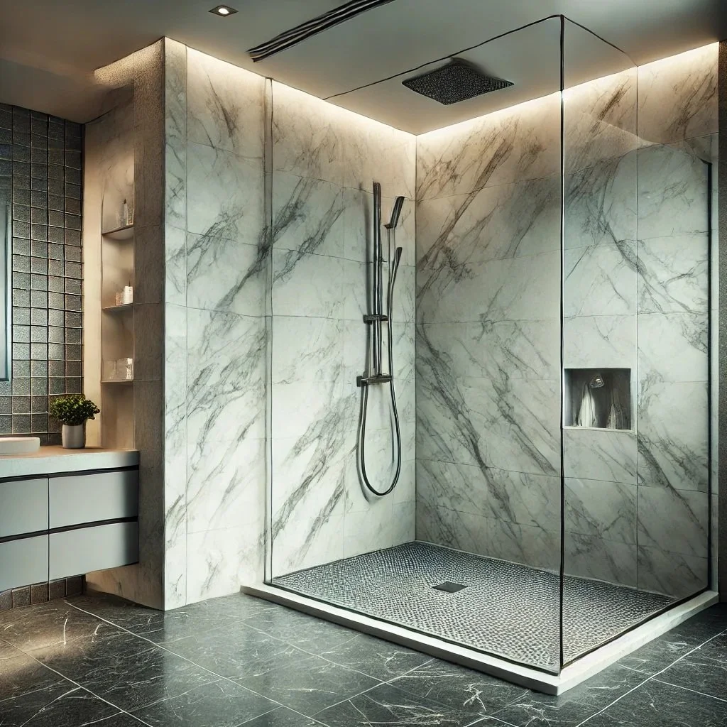 Modern walk-in shower with marble walls, a rain shower head, a handheld shower, and a built-in niche for toiletries. The shower area has a glass enclosure and a textured tile floor, with dark tiled flooring outside.
