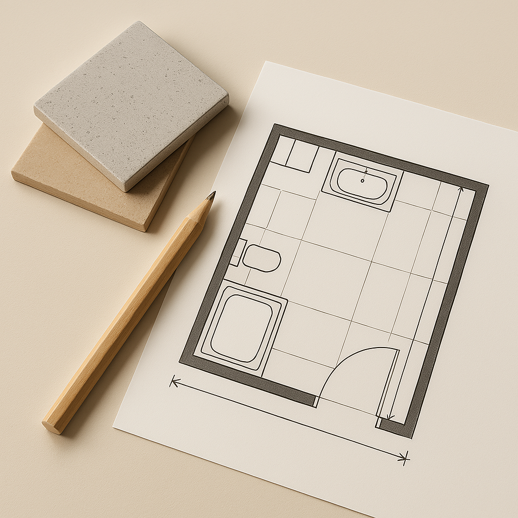 Architectural plan for a small bathroom with fixtures including a toilet, sink, and bathtub, along with two tiles and a wooden pencil.