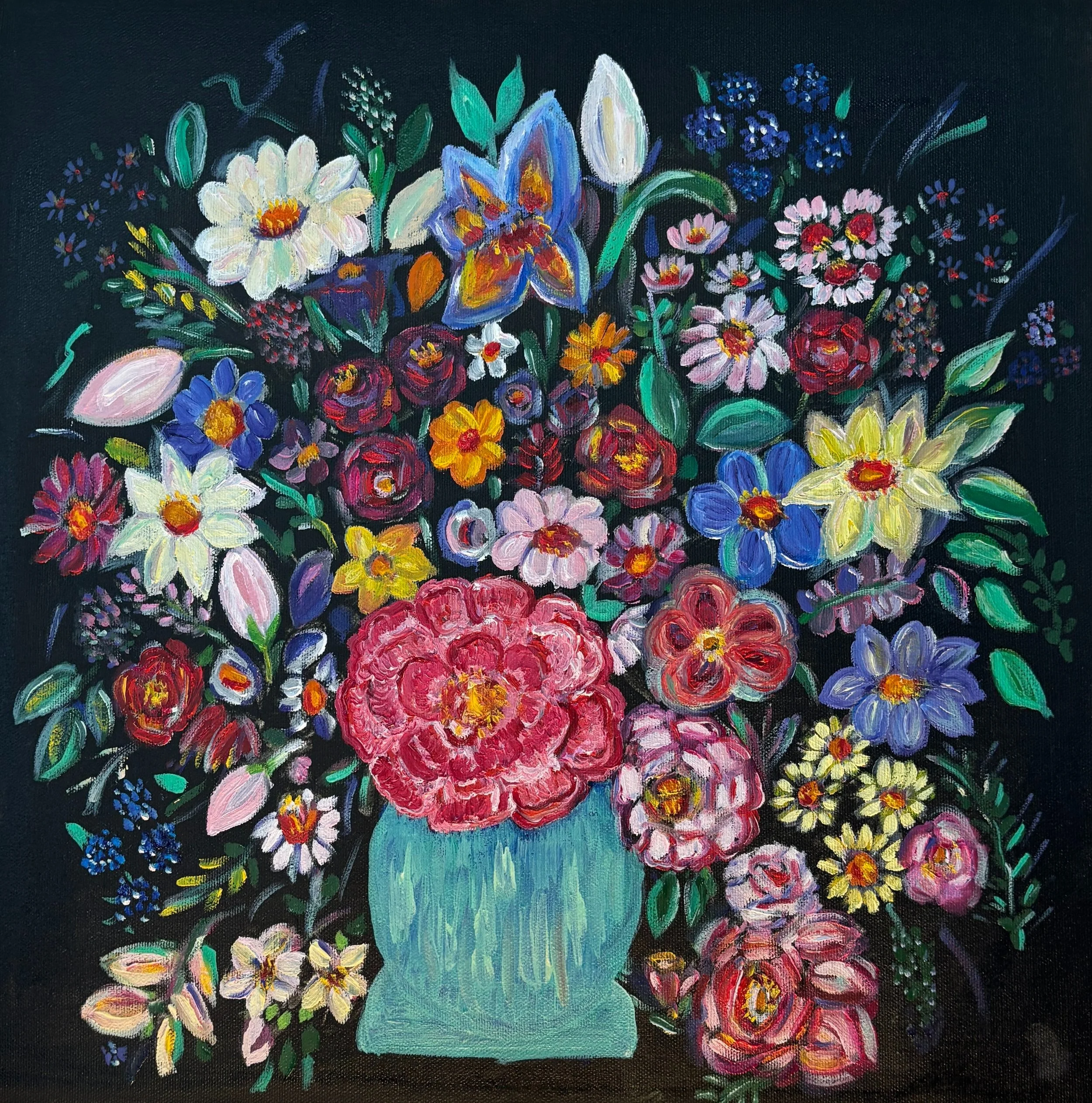 Painting of a vibrant flower bouquet in a blue vase with various colorful flowers against a dark background.