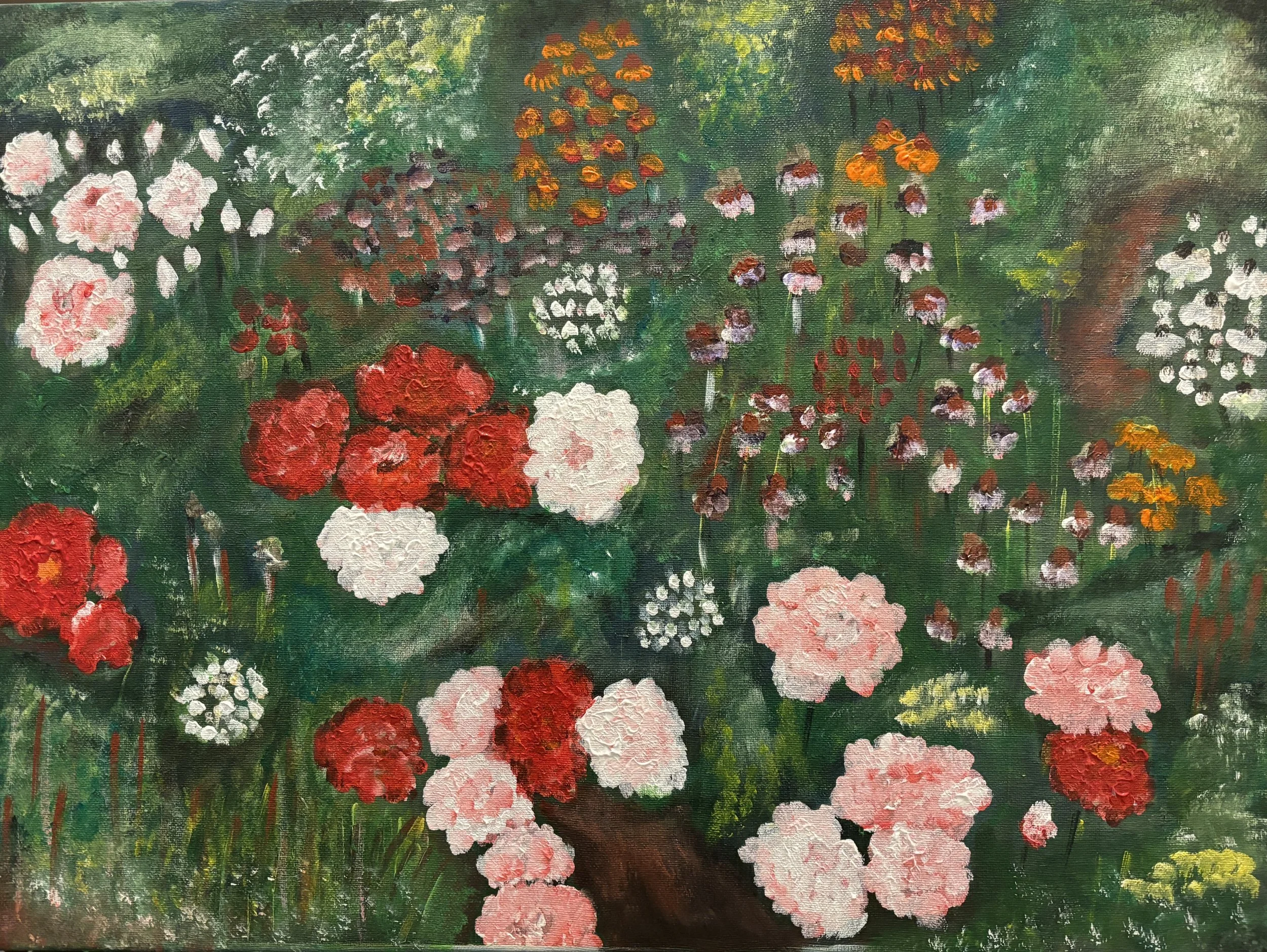 A colorful painting of a garden with various flowers, including pink, red, orange, purple, and white blooms, set against a lush green background.