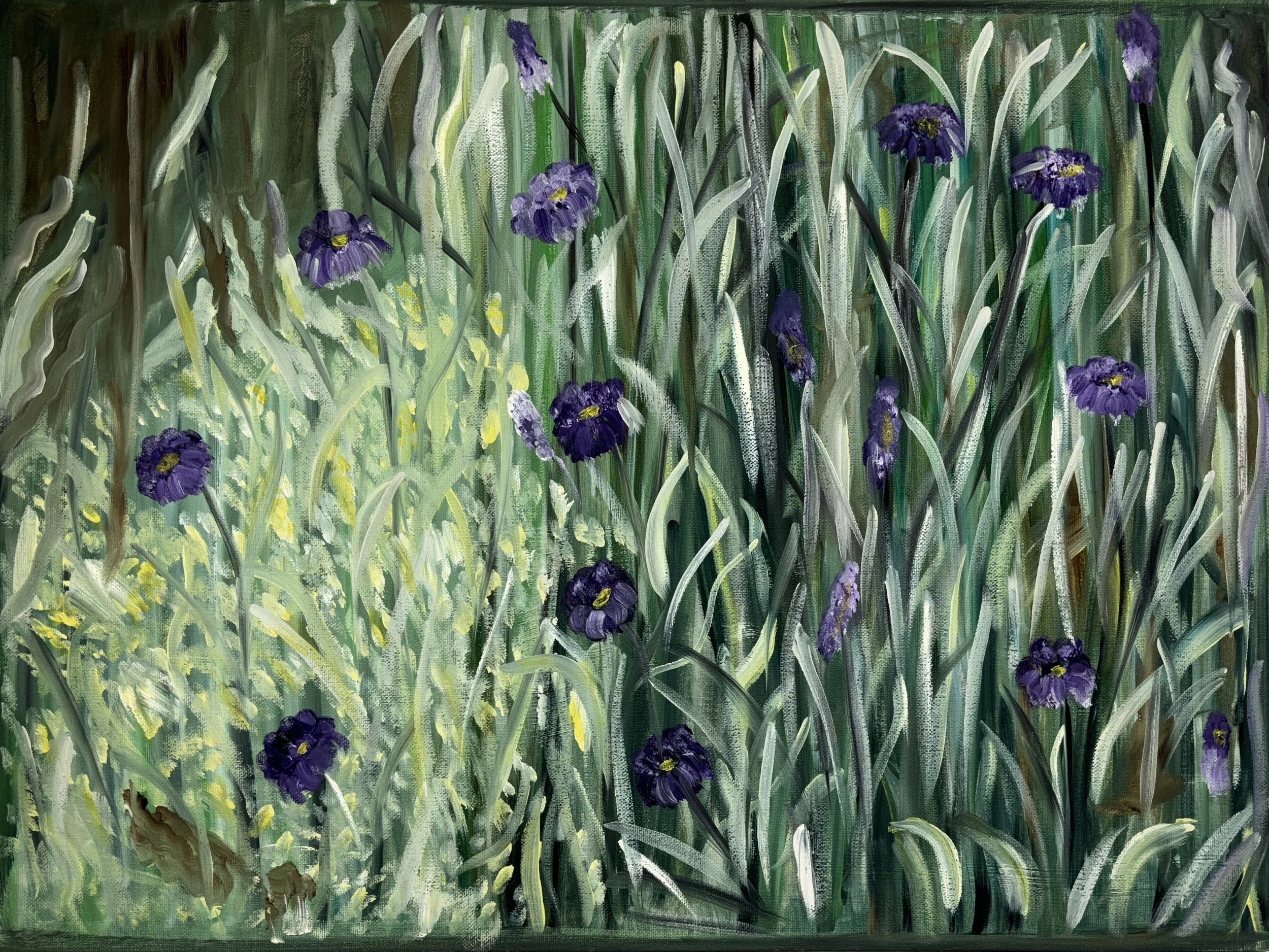 An oil painting of a lush garden scene with tall green grass and purple flowers, including irises and other wildflowers, with a vibrant, textured brushstroke style.