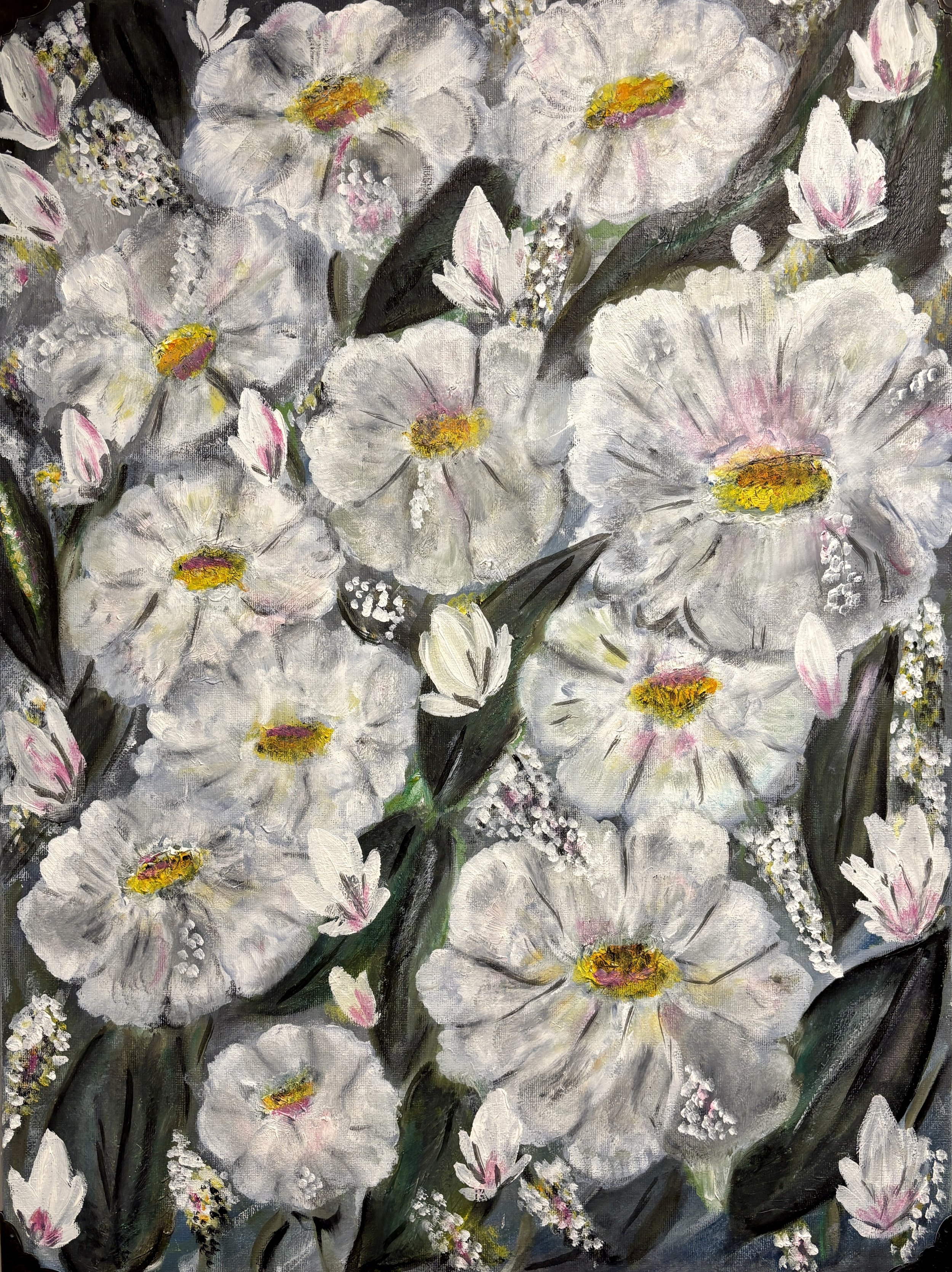 A painting of white flowers with yellow and pink centers surrounded by dark green leaves and small white filler flowers.