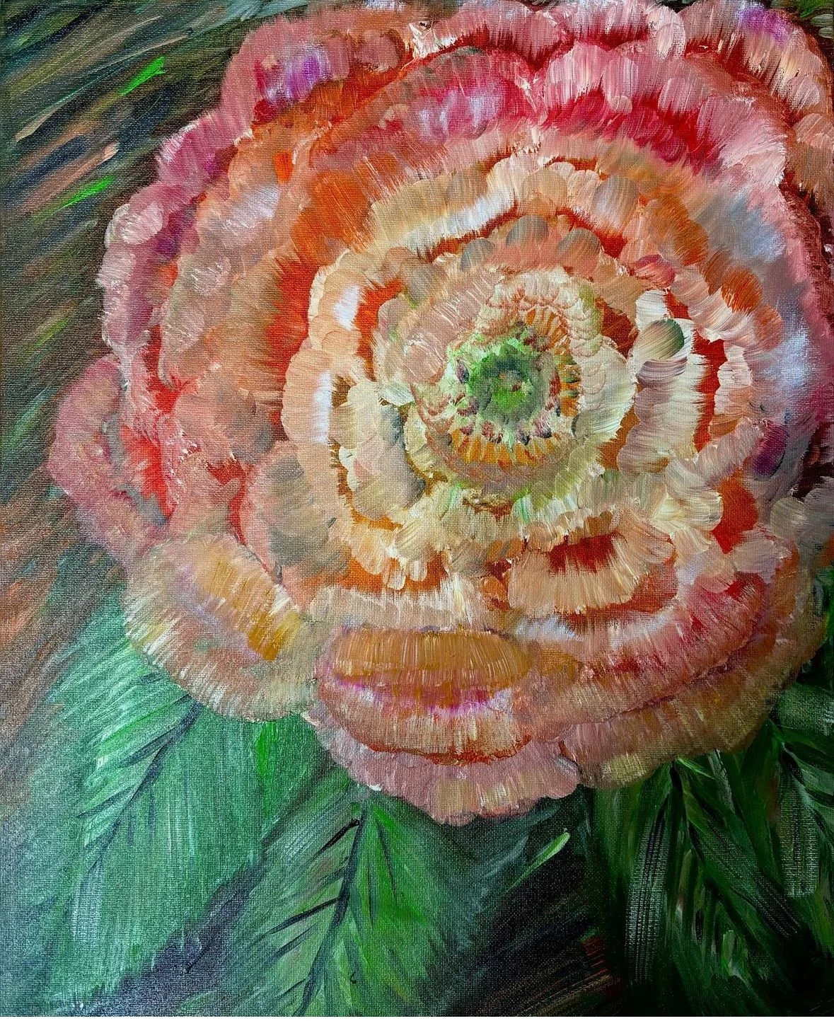 Close-up of a large, multi-colored peony flower with green leaves in the background, painted in an impressionistic style.