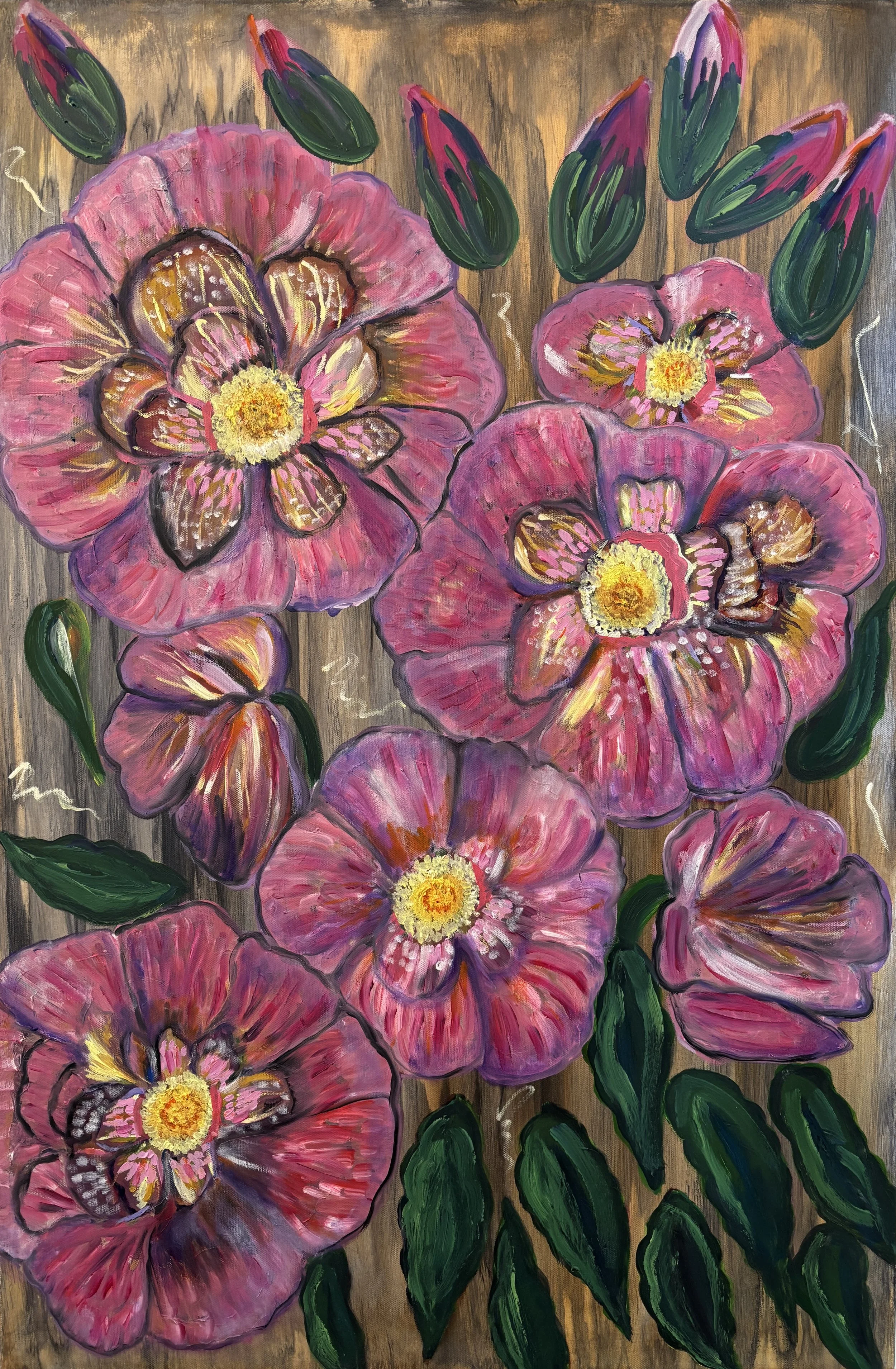 A colorful painting of large pink flowers with yellow centers, surrounded by green leaves, some with purple accents, on a brown textured background.
