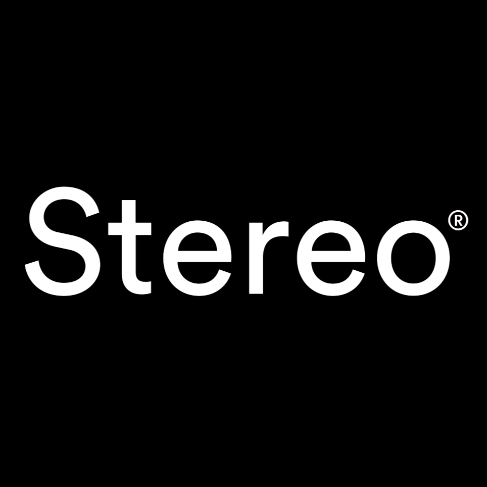 Black background with the word 'Stereo' in large white letters.