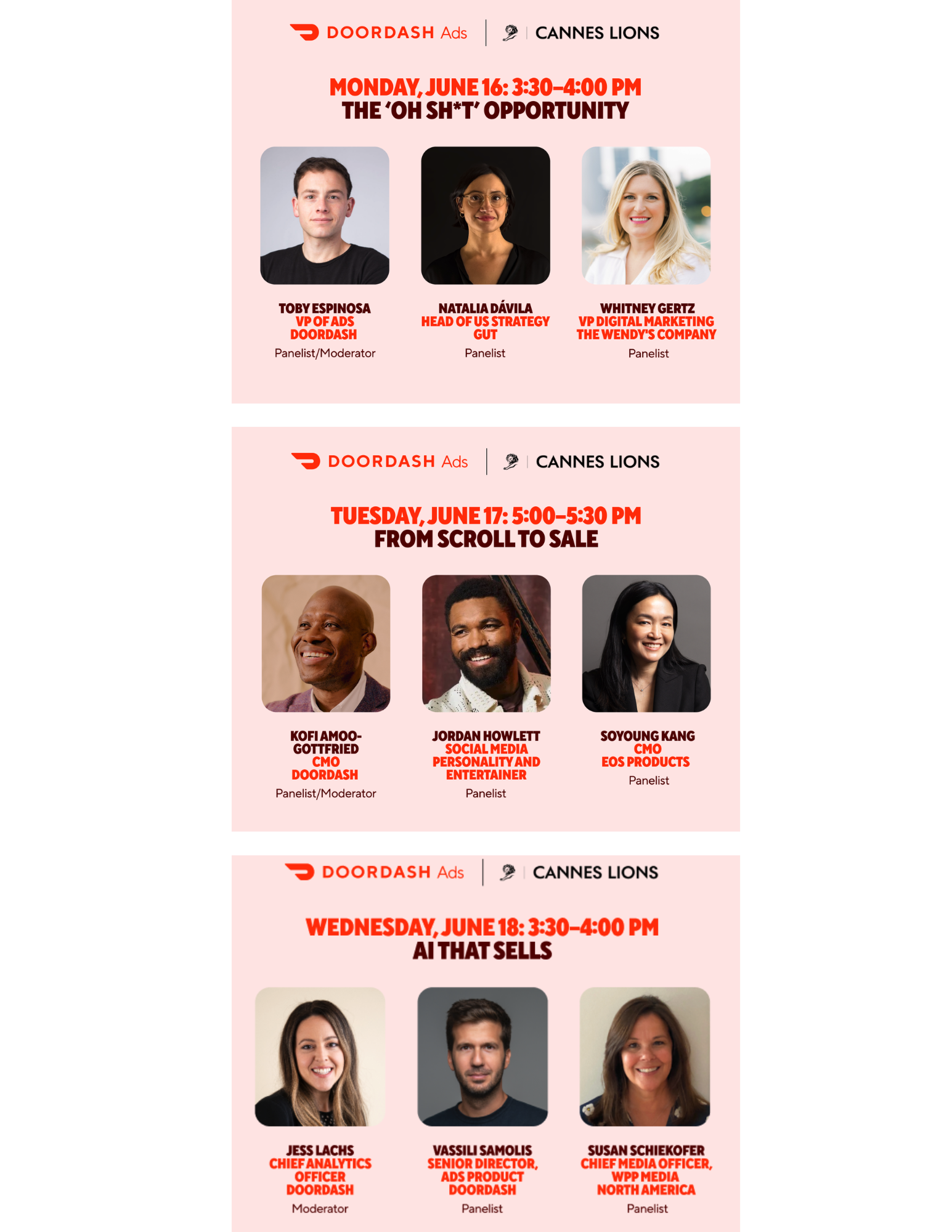 Event schedule posters for three panels. The first panel, on June 16, features Toby Espinosa, Natalia Dávila, and Whitney Gertz discussing 'The 'Oh Sh*t' Opportunity.' The second panel, on June 17, features Kofi Amoog-Gottfried, Jordan Howlett, and S