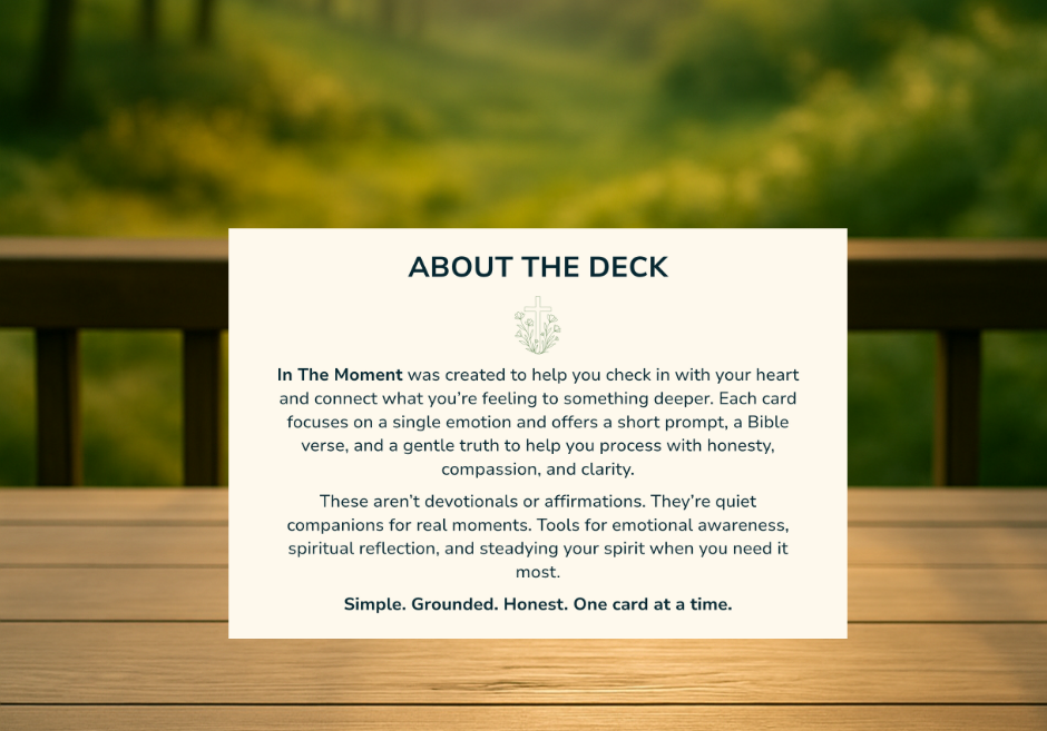 Overview of the In The Moment card deck by Faith Fueled Peace, describing the heart behind the cards and how they help connect emotions with Scripture and spiritual reflection.