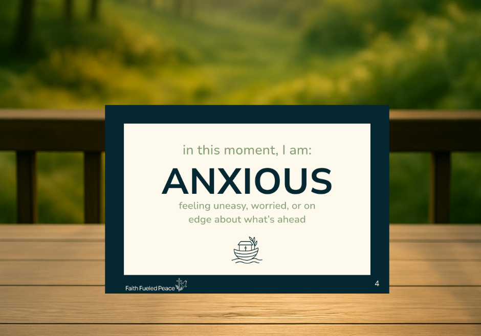 In The Moment card defining the emotion “Anxious” as feeling uneasy, worried, or on edge, with soft typography and a minimalist design rooted in emotional clarity and faith.