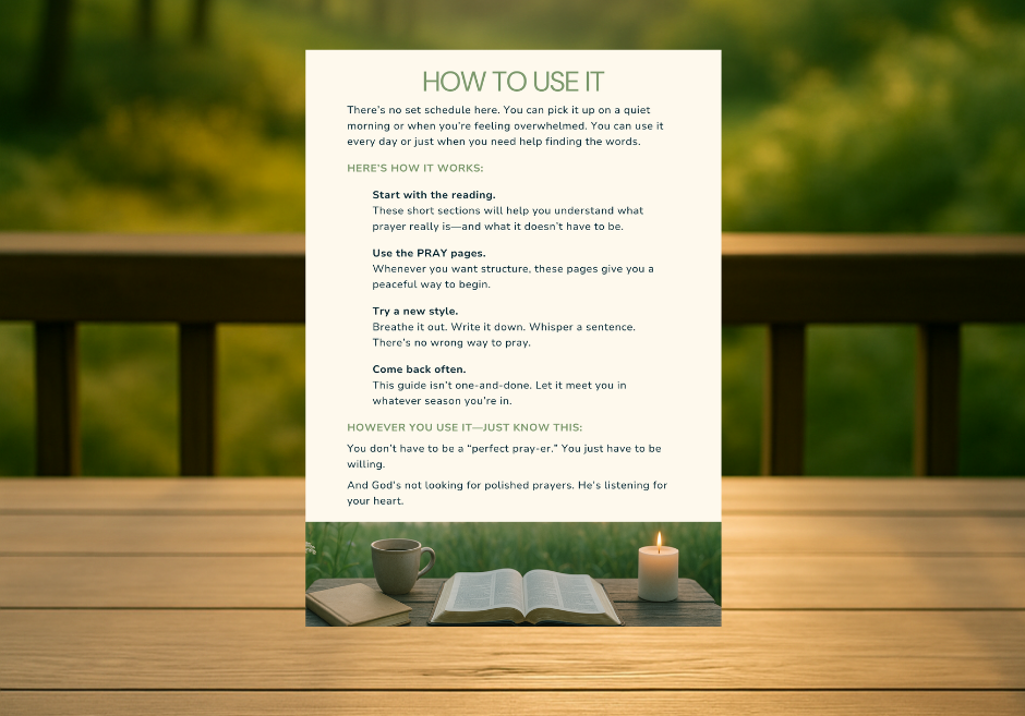 Instructional page titled "How to Use It," showing simple steps for engaging with the How to Pray guide, placed above a serene Bible and candle photo.