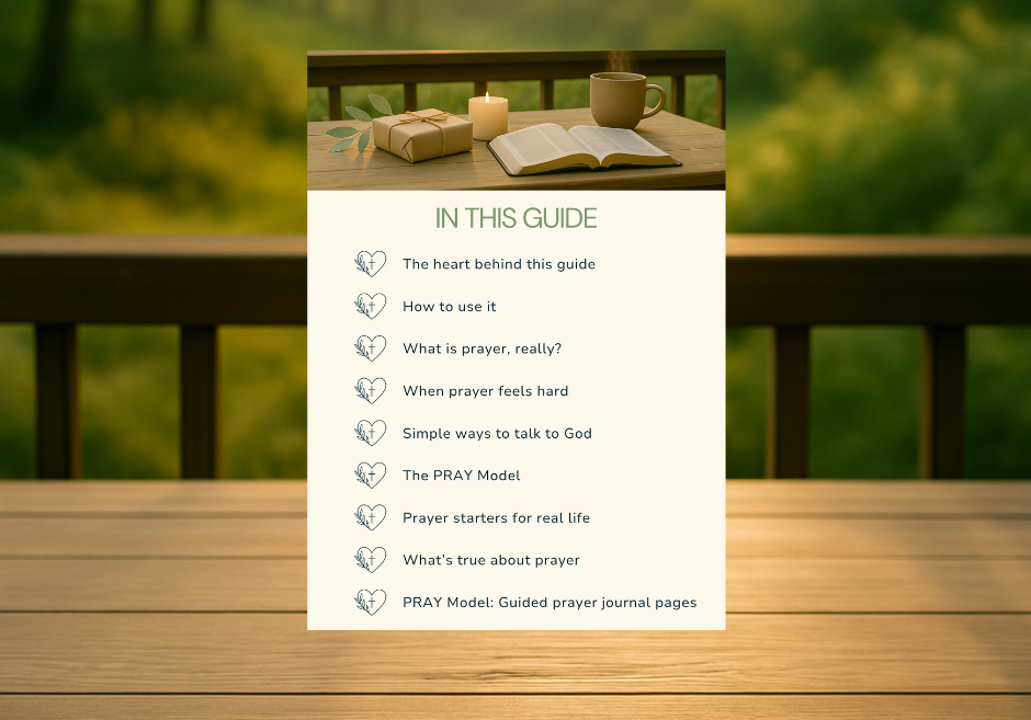 Overview page listing what’s included in the How to Pray guide by Faith Fueled Peace, featuring icons and a calm tabletop scene with candles and journals.