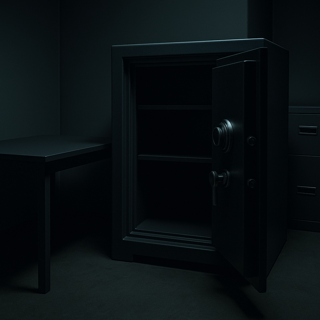 An empty black safe with its door open in a dark room.