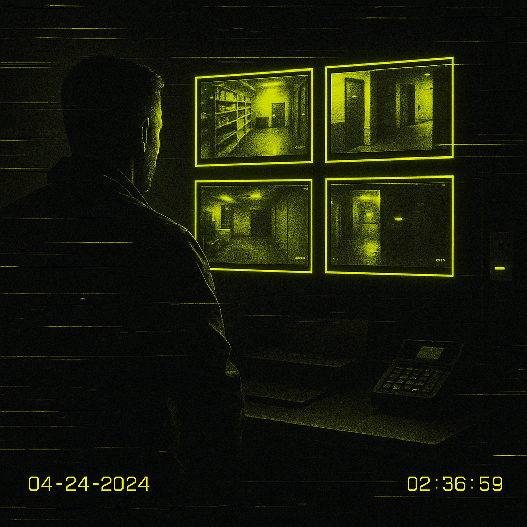 A person looks at four surveillance screens showing empty hallway scenes, with a yellow-green tint and date/time overlay.