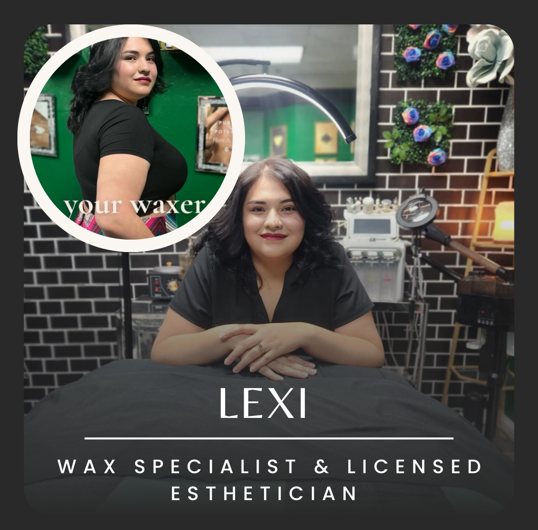 Portrait of Lexi, a licensed esthetician and wax specialist, sitting at a table with her arms crossed, smiling, with a background of black and white bricks and salon equipment. An inset circle shows a side profile of Lexi with the text 'your waxer'.