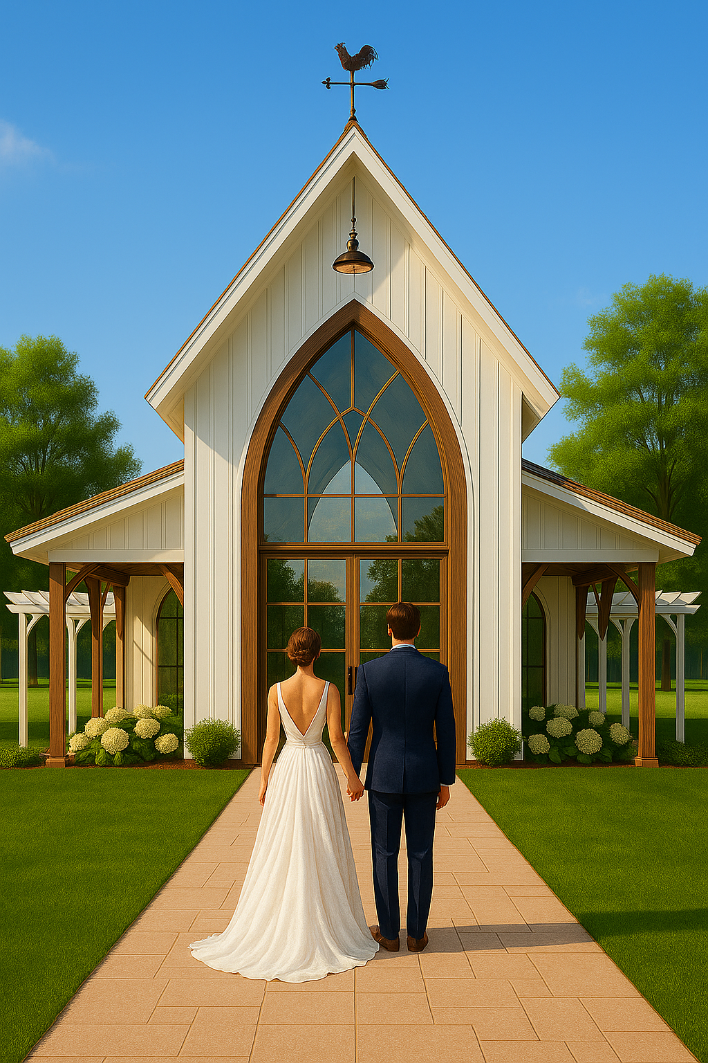 A bride and groom walking towards a small white church with large stained glass windows on a sunny day, surrounded by green trees and flowers.