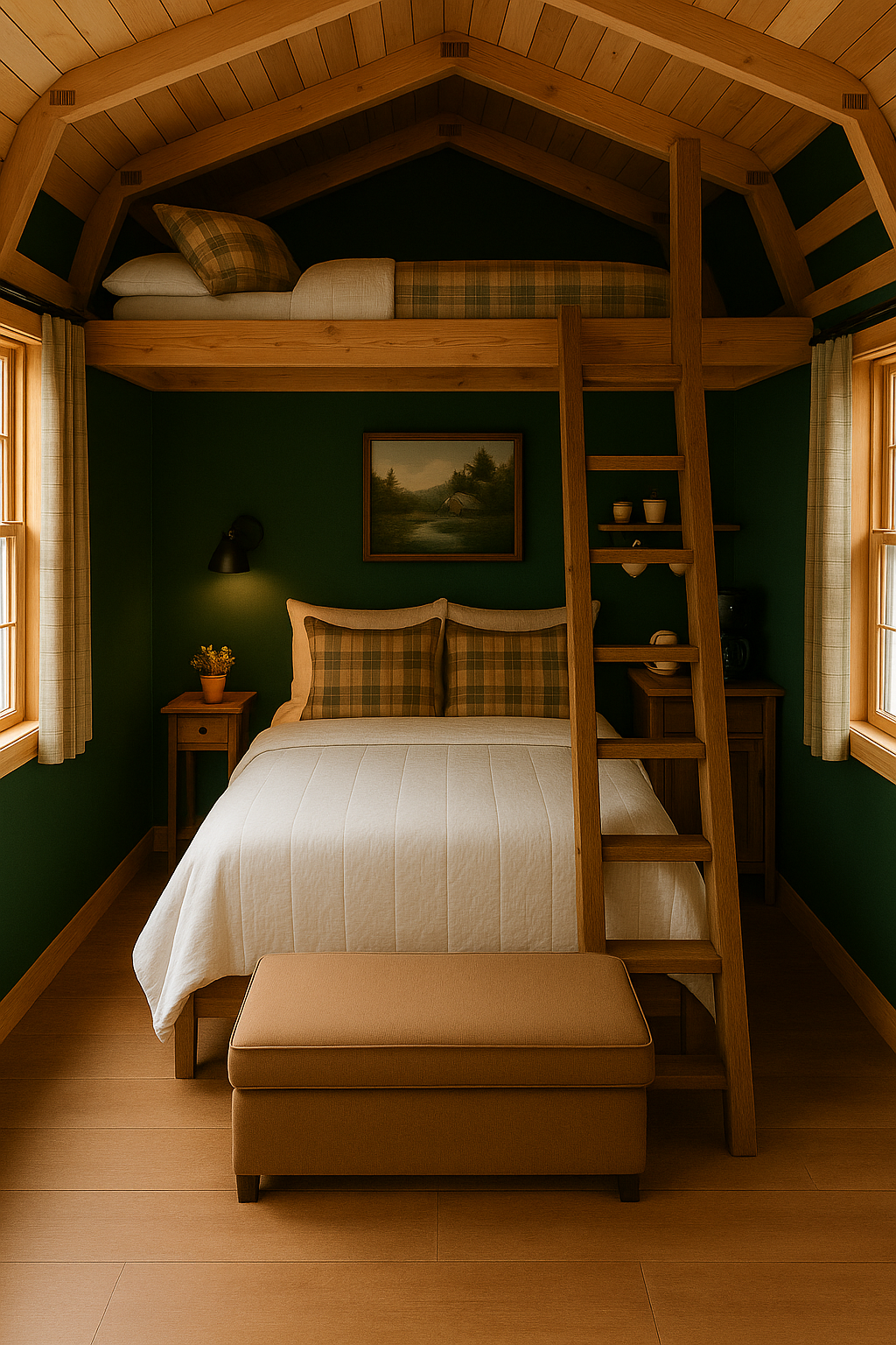 A cozy bedroom with green walls, wooden ceiling, and a bunk bed setup. The lower bed has plaid pillows and a white bedspread, with a small nightstand and lamp beside it. The upper bunk has a plaid mattress and pillows. Windows with plaid curtains are
