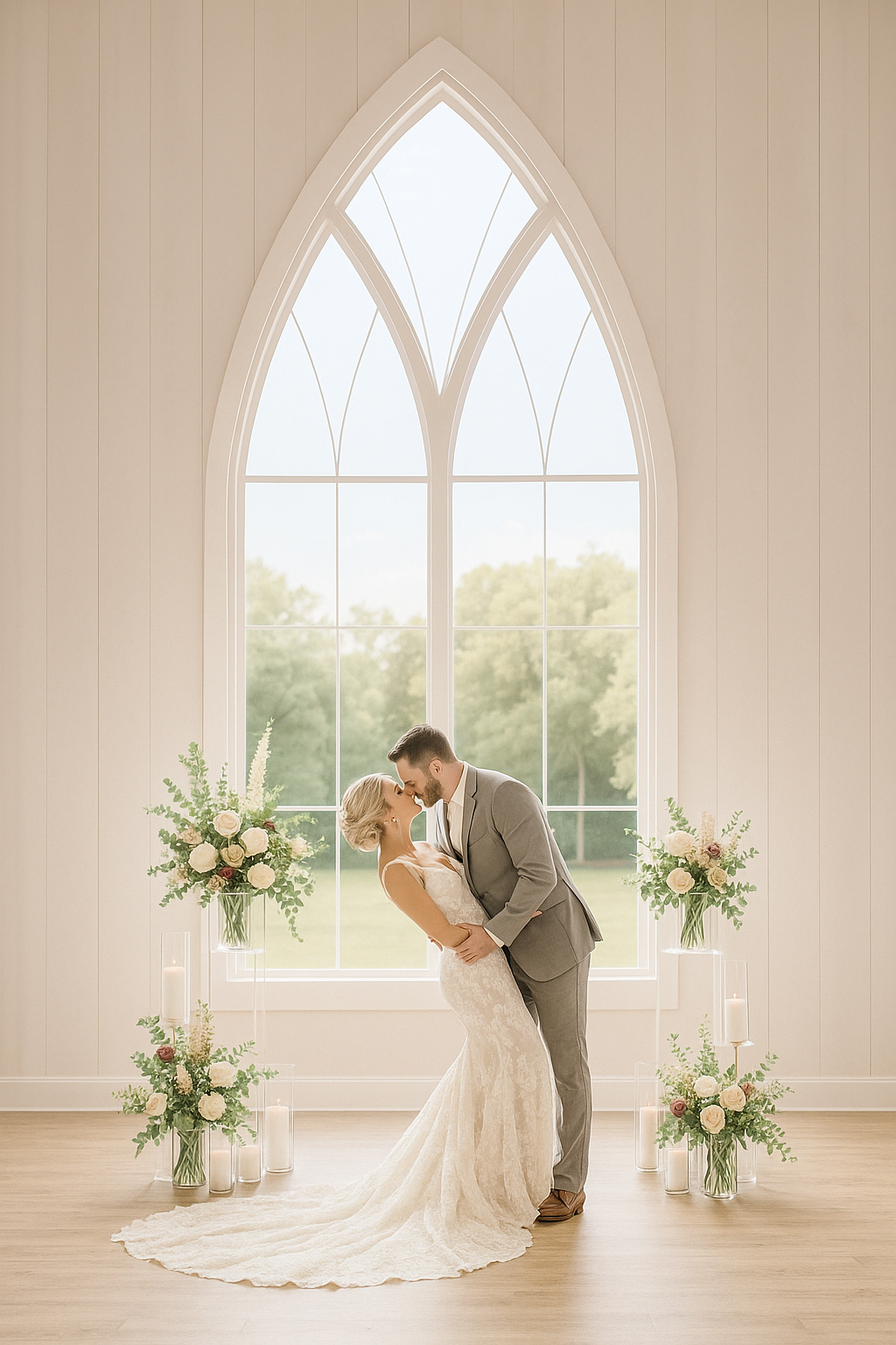 A bride and groom kiss in front of a large arched window with a scenic outdoor view, surrounded by floral arrangements and candles in a decorated room.