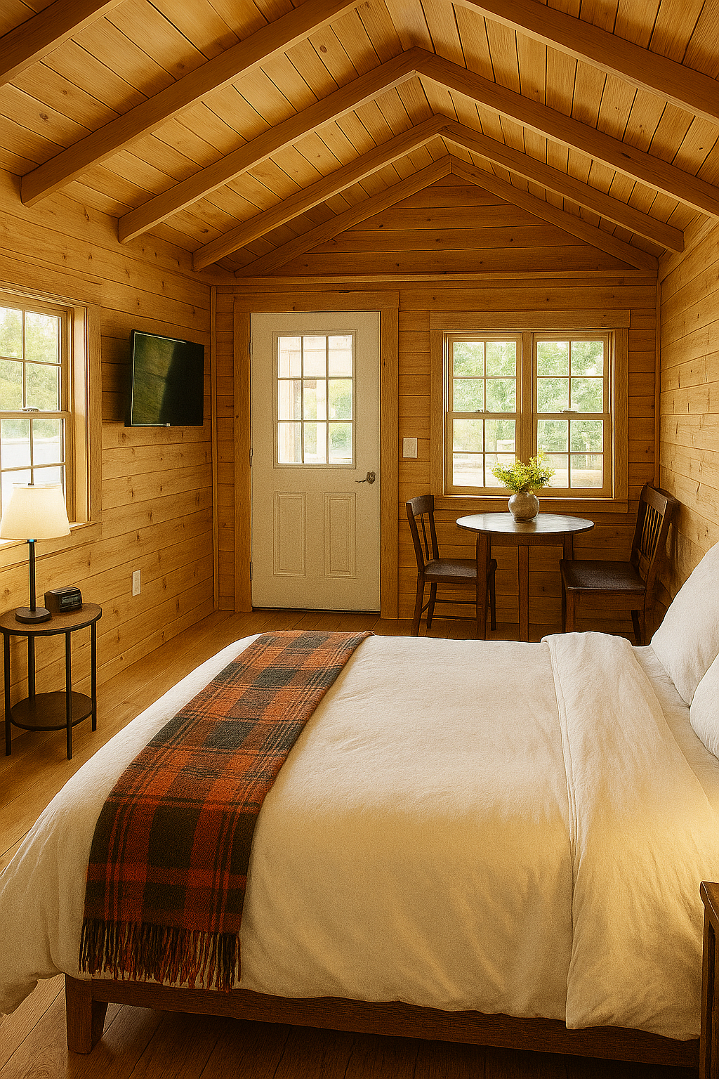 Cozy bedroom with wood-paneled walls and ceiling, a bed with white bedding and a plaid throw, a nightstand with a lamp, and a small table with two chairs near windows.