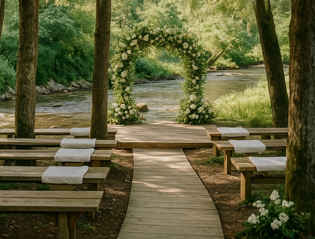 A wooden aisle leading to a floral arch over a river, surrounded by trees with benches on either side, at a serene outdoor wedding setting.