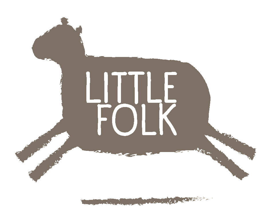 A logo featuring a stylized, gray, rabbit-like animal with the words "Little Folk" in black centered on its body.